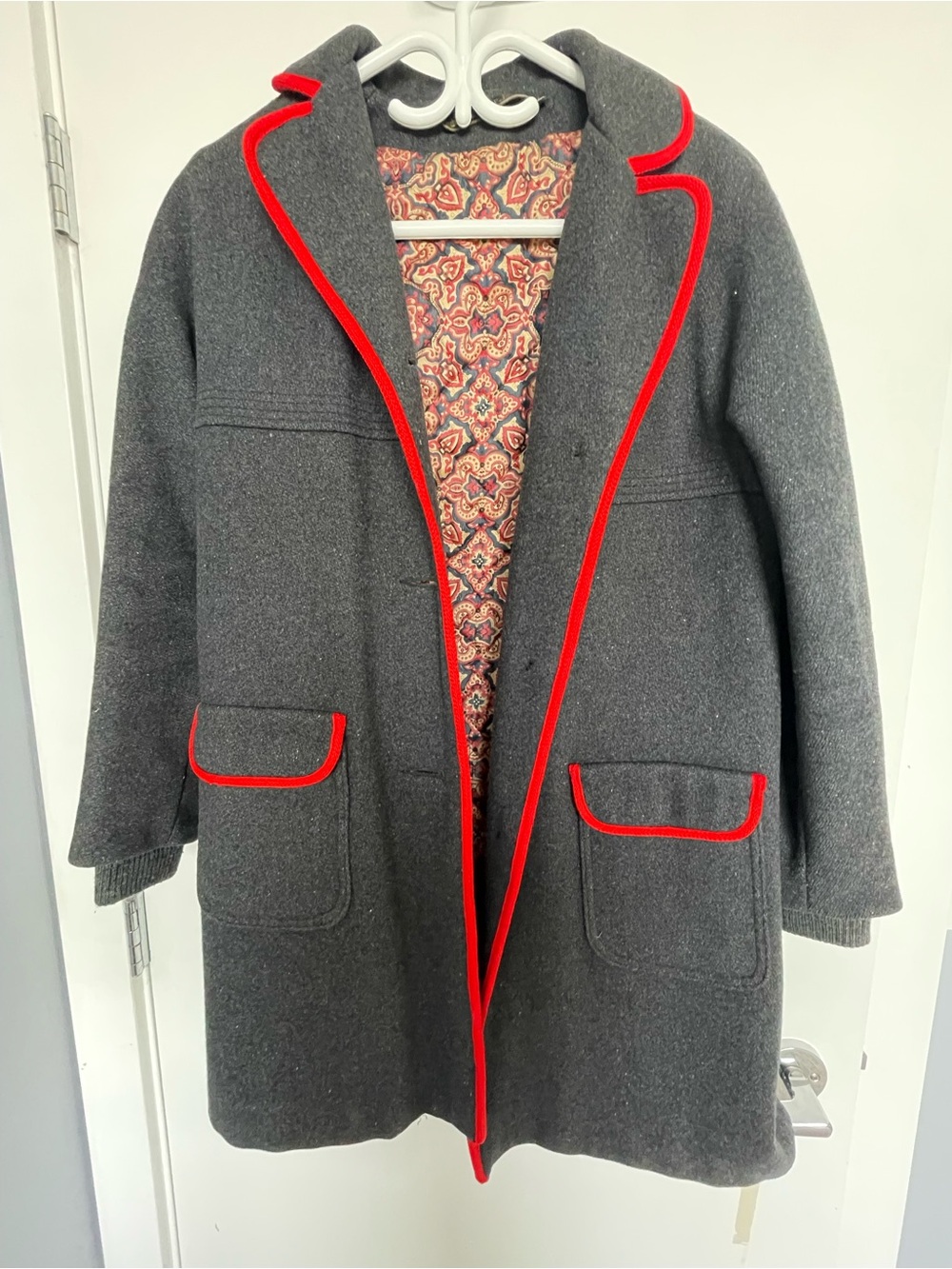 Vintage Arthur Jay Grey Wool Coat with Red Piping